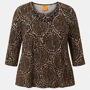 Ruby Rd. 3X Beaded Neckline Abstract Print Top Brown Black White
